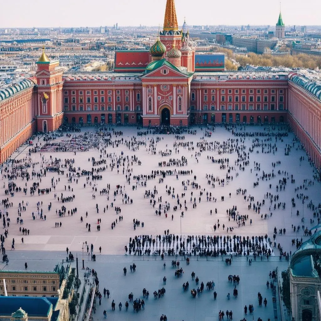 Crowds of people walking through Red Square in Moscow